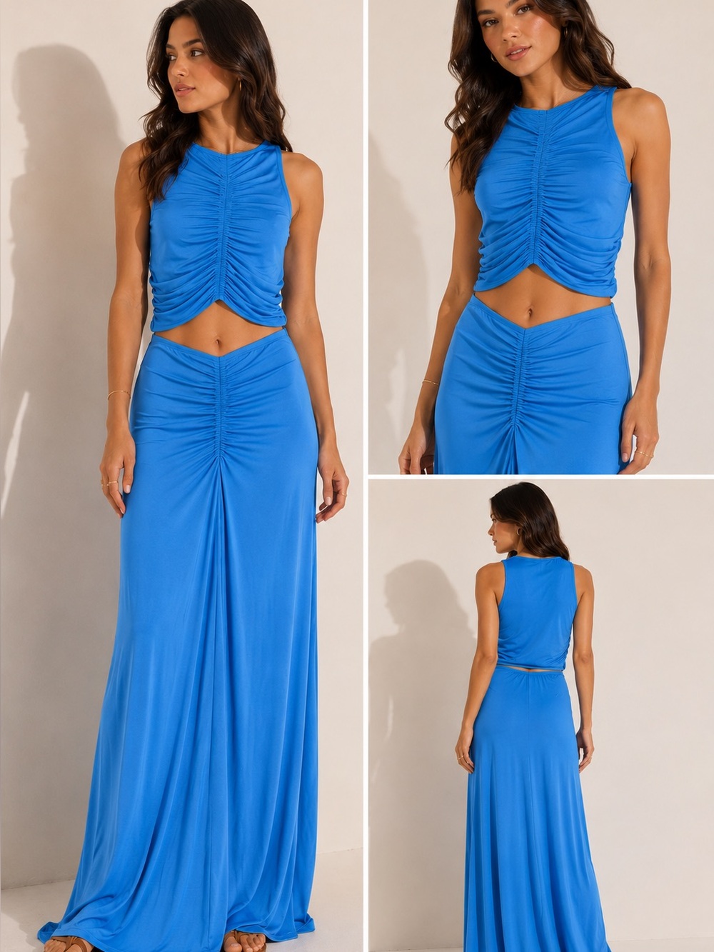 NEW House of Harlow 1960 Teal Blue Ruched Two-Piece Maxi Set